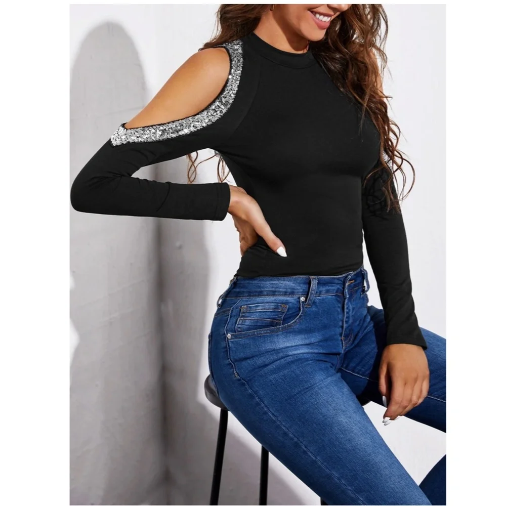 Silver Sequins Detail Cold Shoulder Black Long Sleeve Tee Shirt - Picture 4 of 8